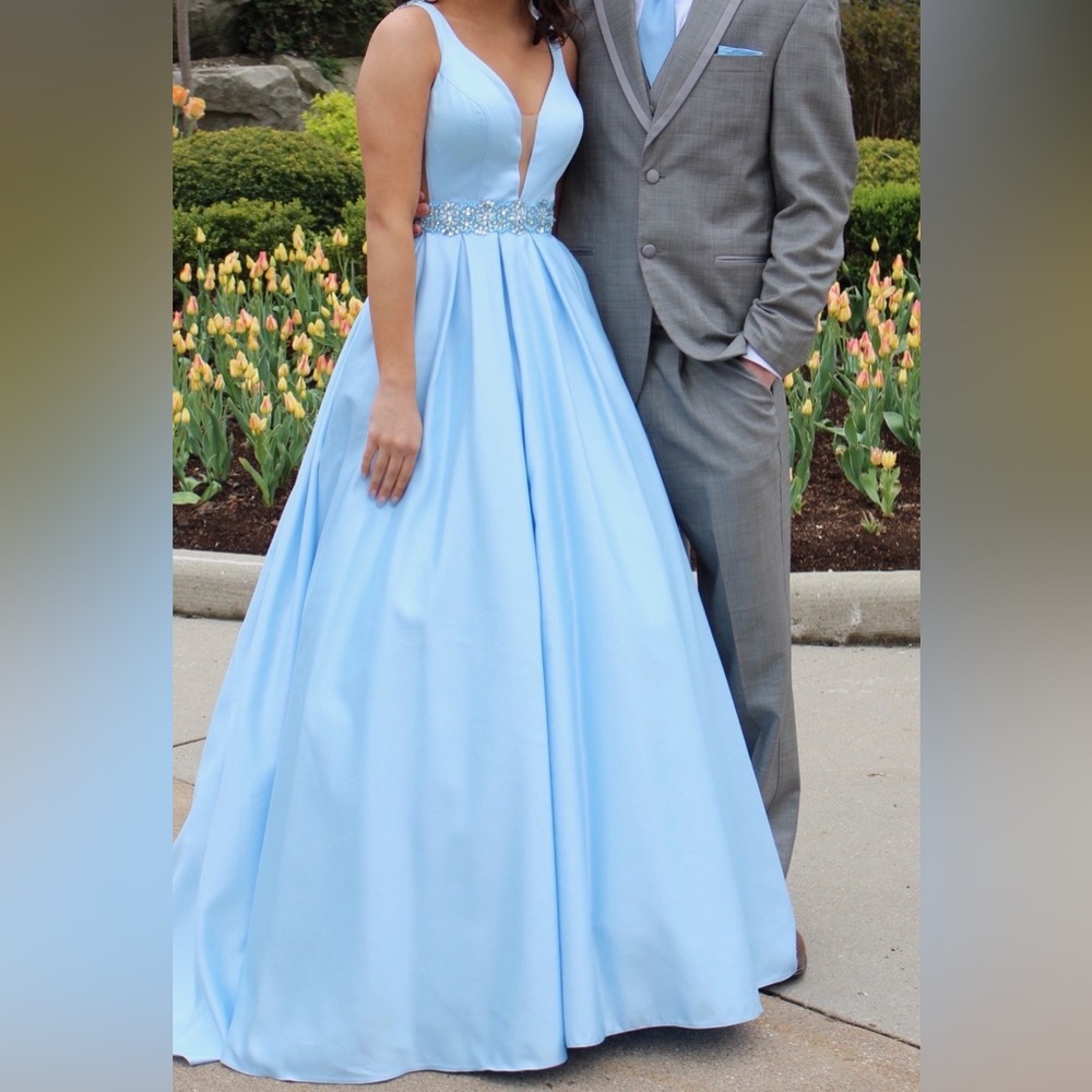 Angela & Alison Blue Plunge Neck Prom Gown